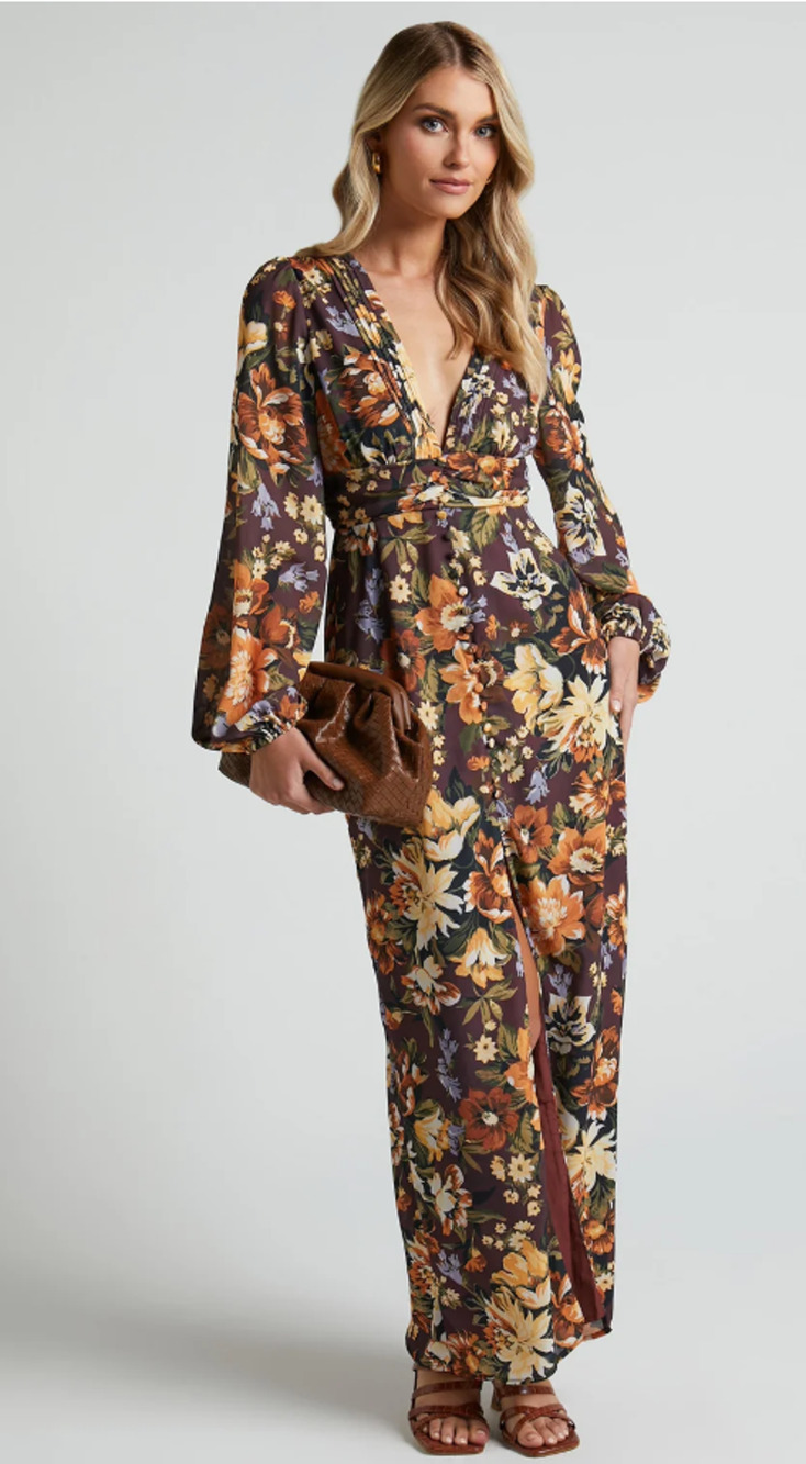 Showpo Lorelei Floral Maxi Dress Womens 6 Balloon Sleeves V-Neck Boho Romantic